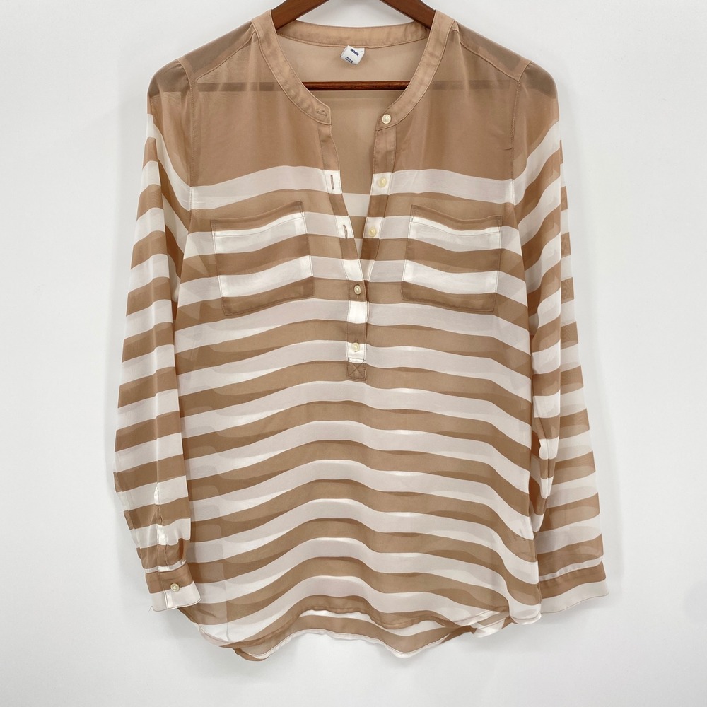 Old Navy Striped Blouse Women Medium Tan White Sheer Henley Coastal Preppy Airy